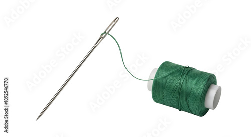 Fotografie Green thread with needle PNG isolated on transparent background, sewing material