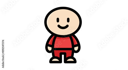 A smiling cartoon character standing in a simple graphic illustration with bold lines and a friendly expression
