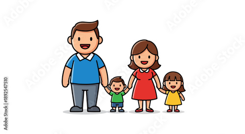 Happy family of four standing together, holding hands, and smiling at the camera in a joyful moment.