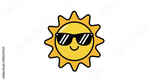A vibrant sun illustration wearing sunglasses, symbolizing a fun and cool vibe on a sunny day, front view graphic design.