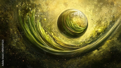 Abstract swirling green and gold textures with organic movement and dynamic flow