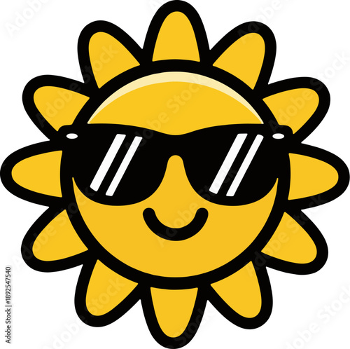 A smiling sun with sunglasses in a vector illustration style, viewed from a straightforward perspective, conveying happiness and coolness, file reference 16.eps