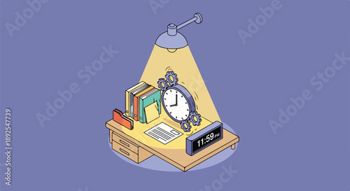 Illustration of a desk with a clock, papers, and folders under a desk lamp, symbolizing work and time management