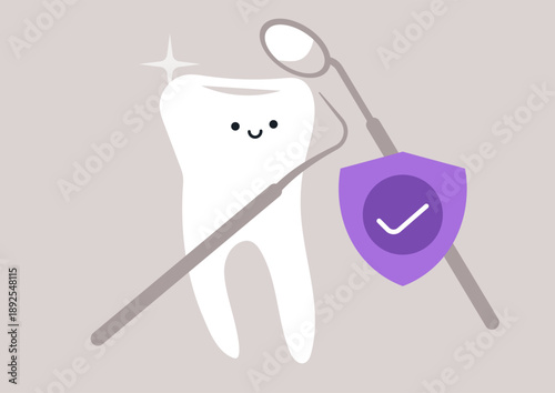 A cheerful tooth stands proudly beside dental tools, showcasing a shield that represents the value of dental insurance in maintaining oral health and preventing costly treatments.