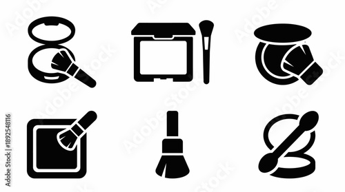 Black and White Makeup Powder and Brush Vector Icon Set isolated on White Background