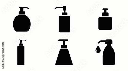 Black Silhouette Pump Bottle Icons for Liquid Soap and Lotion isolated on White Background