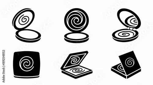 Black and White Compact Powder Makeup Vector Icon Set isolated on White Background