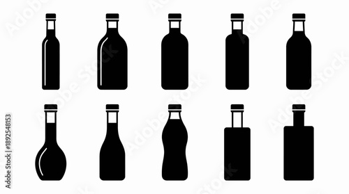 Black Silhouette Glass Bottle Vector Icons for Beverages and Liquids isolated on White Background
