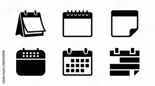 Black and White Calendar Icon Set for Scheduling and Planning isolated on White Background
