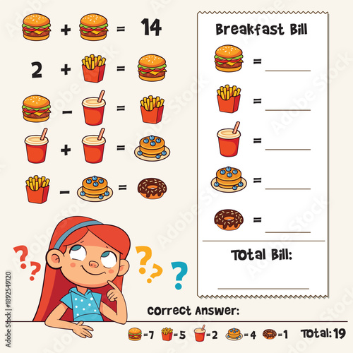 Cute breakfast math puzzle for kids. Count prices of burger, fries, juice, pancake, and donut using visual equations. Fun logic activity with cartoon girl and food icons.