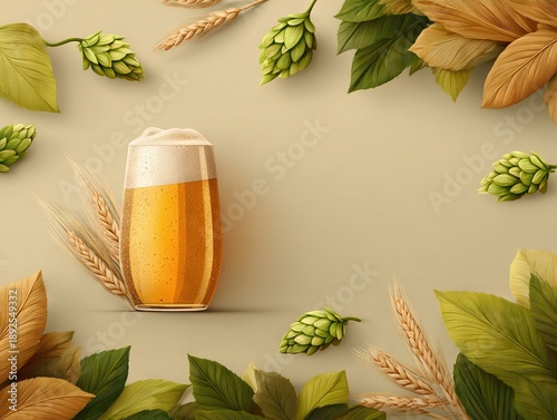 Golden craft beer glass surrounded by hops leaves and wheat on soft neutral background creating seasonal brewing concept and natural refreshment mood