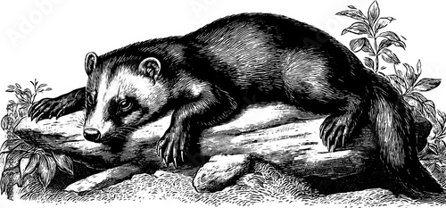 Resting forest animal in 19th century botanical engraving: a vintage nature scene for design