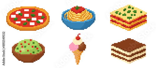A collection of six pixel art food items including pizza, spaghetti, lasagna, guacamole, ice cream, and tiramisu.