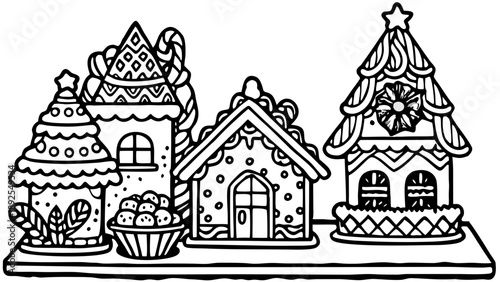 Very beautiful close-up of assorted gingerbread houses and festive figures arranged on a wooden table, highlighting detailed icing textures, warm tones, and magical holiday dessert craftsmanship.