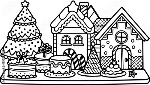 Very beautiful close-up of assorted gingerbread houses and festive figures arranged on a wooden table, highlighting detailed icing textures, warm tones, and magical holiday dessert craftsmanship.