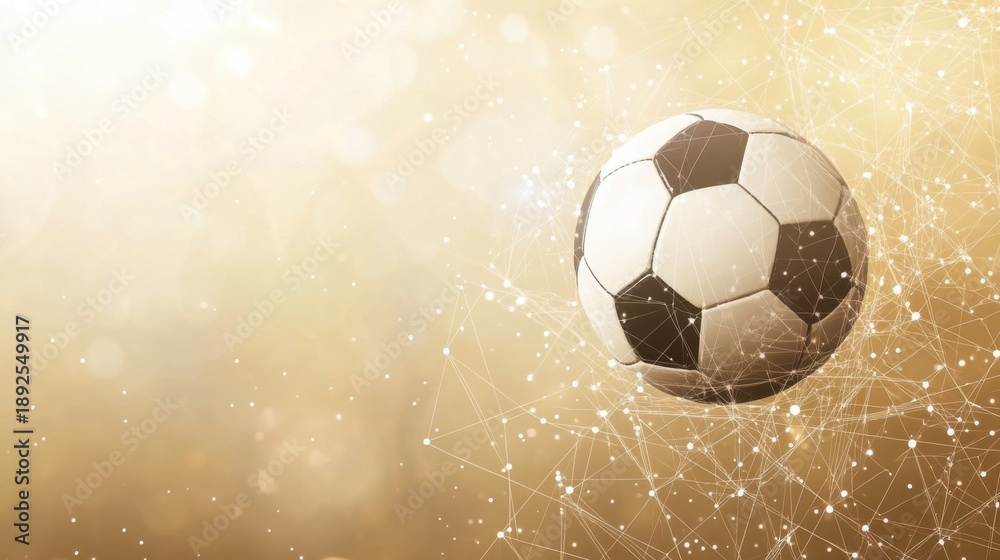 Naklejka premium Futuristic Soccer Ball with Abstract Network on Glowing Gold Background