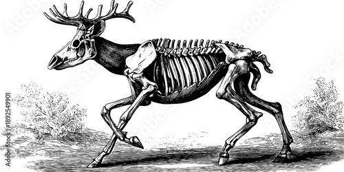 Vintage botanical engraving of forest mammal skeleton for educational reference and design use