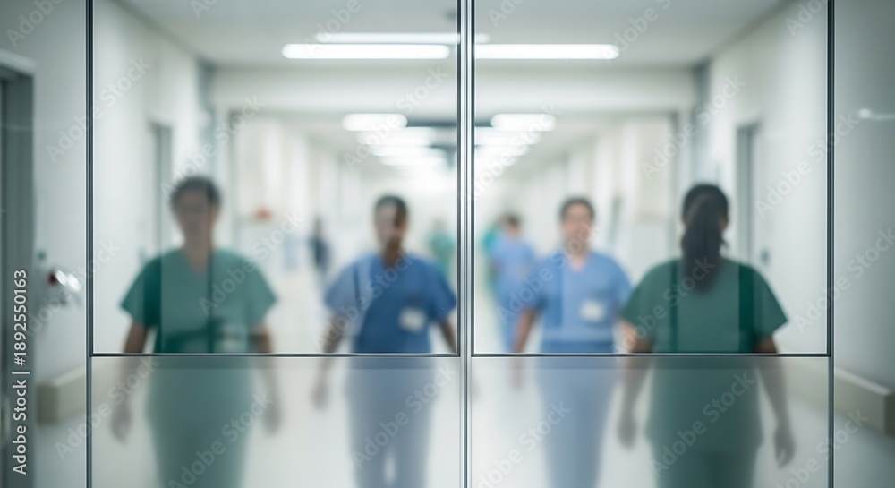Fototapeta premium Blurry Medical Staff Walking Down Hospital Corridor Through Glass