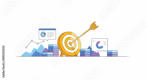 Achieving business goals and financial success through data analysis and strategic planning. An arrow hits a target, surrounded by charts and money.