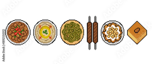 A collection of Middle Eastern dishes including falafel, hummus, kebabs, and baklava, presented in a pixel art style.