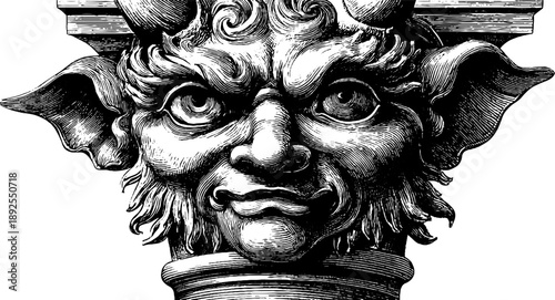 Vintage gargoyle architectural sculpture detail with botanical elements for design