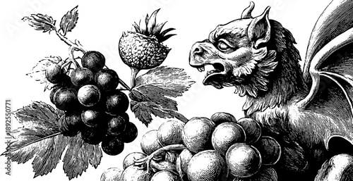 Gothic gargoyle sculpture with botanical motifs in vintage engraving design