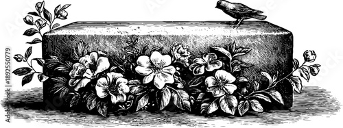 Vintage botanical stone gate pillar with 19th century engraving featuring floral elements