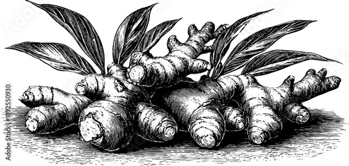 Vintage botanical ginger root engraving - culinary ingredient design for labels and posters