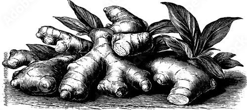 Vintage botanical engraving of ginger root - culinary ingredient illustration for herbal design