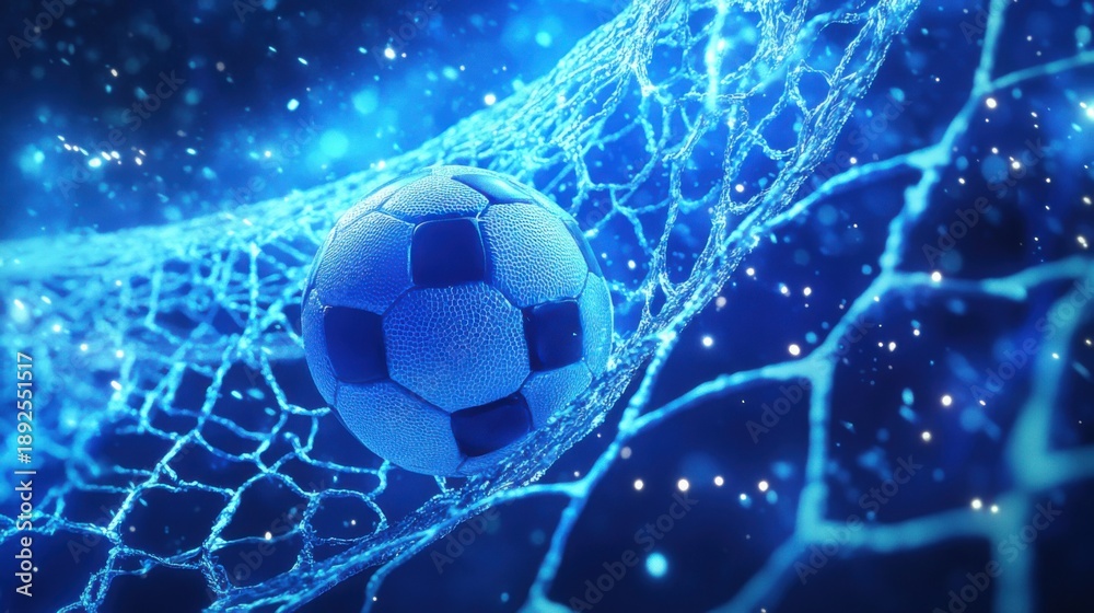 Fototapeta premium Electric blue soccer ball nestled in a luminous net, captured in a magical moment