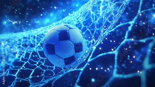 Electric blue soccer ball nestled in a luminous net, captured in a magical moment