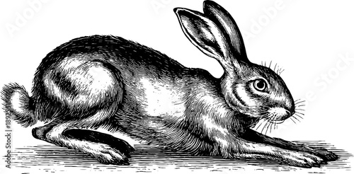 Vintage botanical illustration of a hare in a meadow engraving for retro design