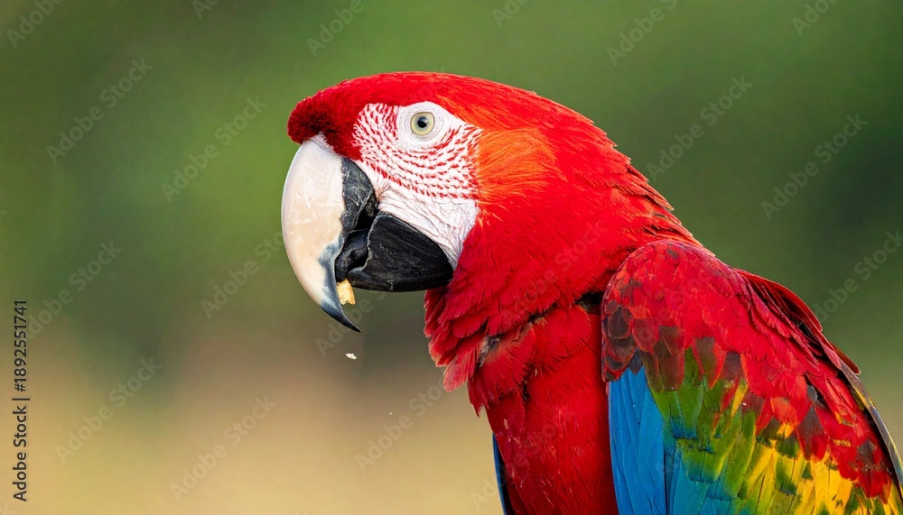 Fototapeta premium Closeup profile portrait of a vibrant red Scarlet Macaw in nature