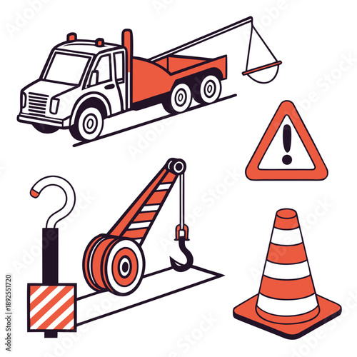 Illustration of a tow truck, a crane, and road safety equipment