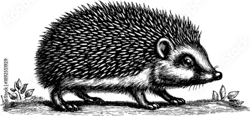 Vintage botanical engraving of hedgehog on forest floor - 19th century style animal illustration