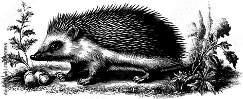 Vintage botanical engraving of a hedgehog on forest floor from 19th century