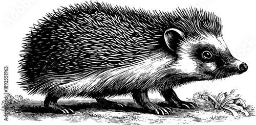 Charming hedgehog on forest floor in 19th century botanical engraving