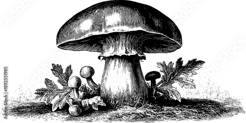 Vintage engraving of hedgehog mushroom with botanical detail for nature-themed designs