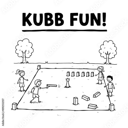 A black and white line art sketch showing children playing the traditional Scandinavian lawn game Kubb in a park setting. Perfect for summer activity and outdoor recreation themes.