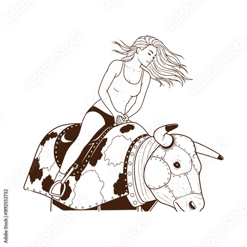 Woman riding a mechanical bull in a rodeo arena