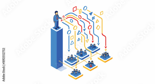 Business leader directing workflow and strategy from a high position, visualizing data flow and team management