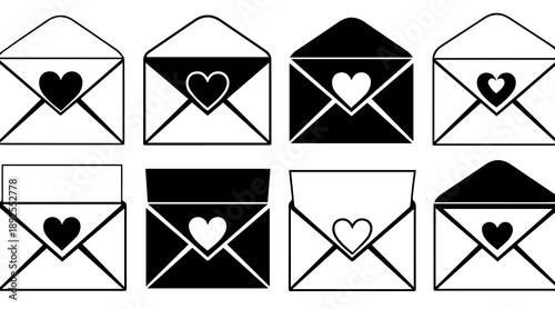 Set of eight black and white love letter and envelope icons with heart cutouts or silhouettes for valentines day or romance concepts