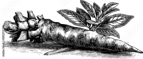 Vintage botanical engraving of horseradish root study for herbal design