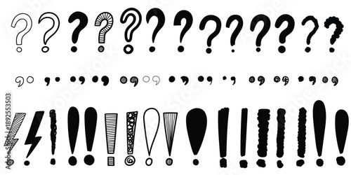 Hand-drawn doodle set of exclamation marks, question marks, dots and commas on a white background. Punctuation marks.
