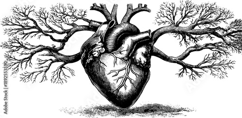 Anatomical heart blood circulation vintage engraving for educational and medical use