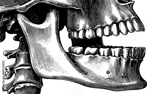 Vintage human jawbone anatomy study - detailed botanical engraving for educational design