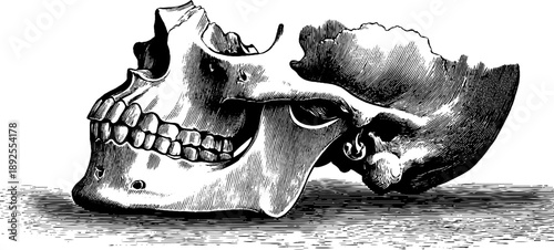 Vintage 19th century engraving of human jaw bone and skull anatomy study for educational design