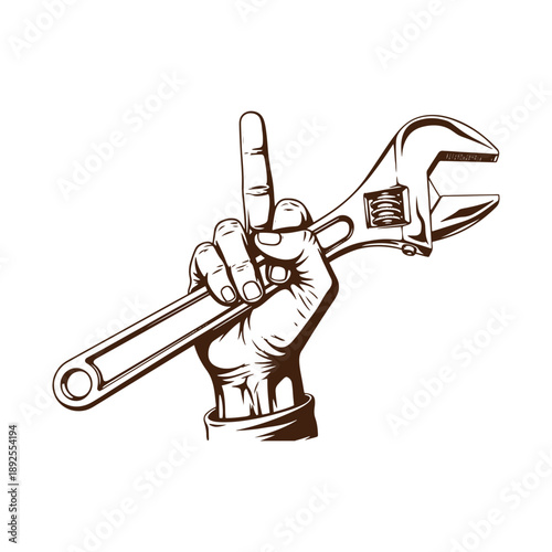 Hand holding adjustable wrench with middle finger raised