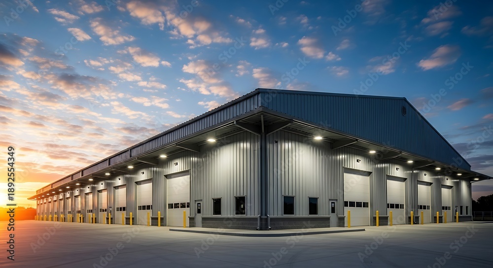 Fototapeta premium Modern industrial warehouse under a stunning sunset sky