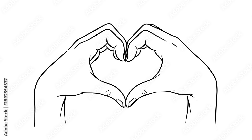 Fototapeta premium Hand gesture forming a heart shape, line art drawing of two hands meeting at the fingertips to create a symbol of love and affection